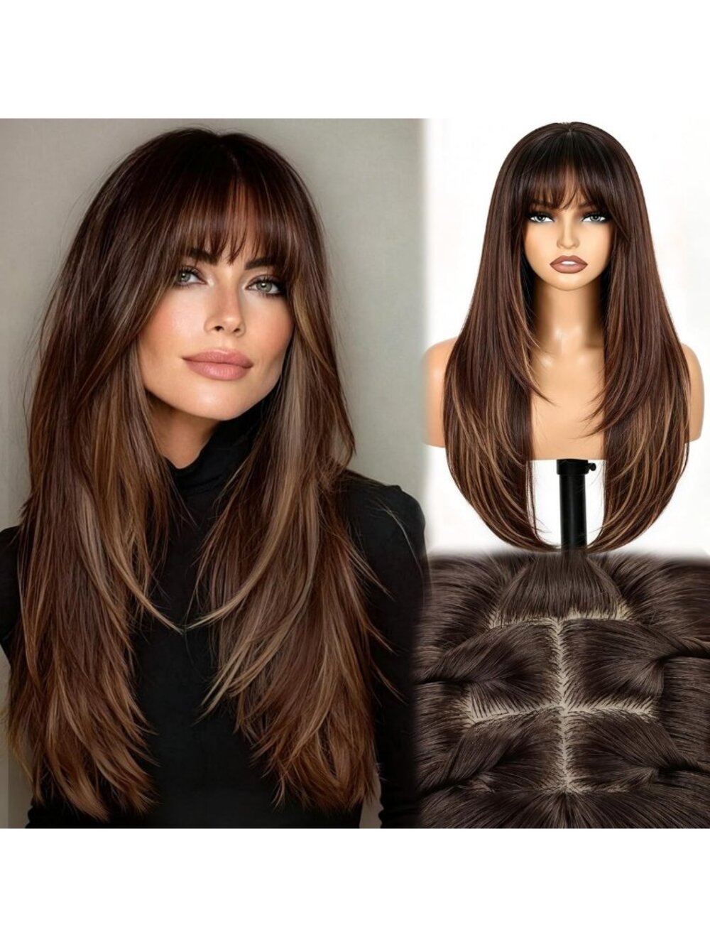 Layered Brown Highlight Wig with Bangs, 26" Heat-Resistant Synthetic Hair